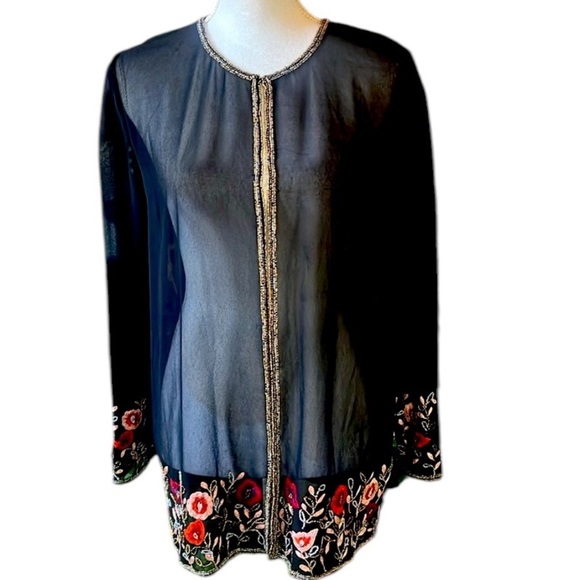 Sheer beaded crochet ladies top vintage small/medium black with floral crochet - Picture 1 of 15